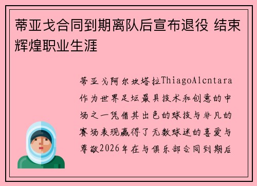 蒂亚戈合同到期离队后宣布退役 结束辉煌职业生涯