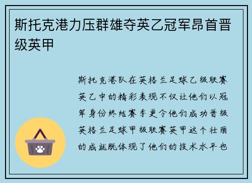 斯托克港力压群雄夺英乙冠军昂首晋级英甲