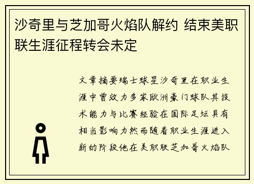 沙奇里与芝加哥火焰队解约 结束美职联生涯征程转会未定