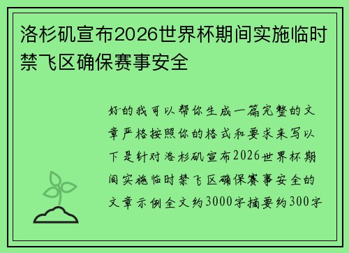 洛杉矶宣布2026世界杯期间实施临时禁飞区确保赛事安全