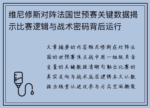 维尼修斯对阵法国世预赛关键数据揭示比赛逻辑与战术密码背后运行