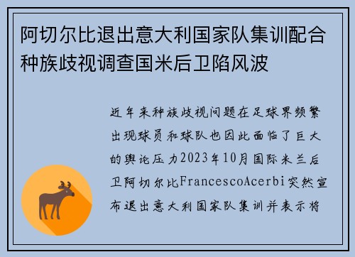 阿切尔比退出意大利国家队集训配合种族歧视调查国米后卫陷风波 阿切尔比退出意大利国家队集训配合种族歧视调查国米后卫陷风波
